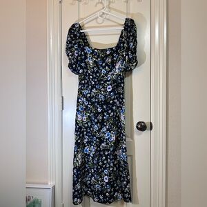 Zara Black Floral Dress puffed sleeve with slit
